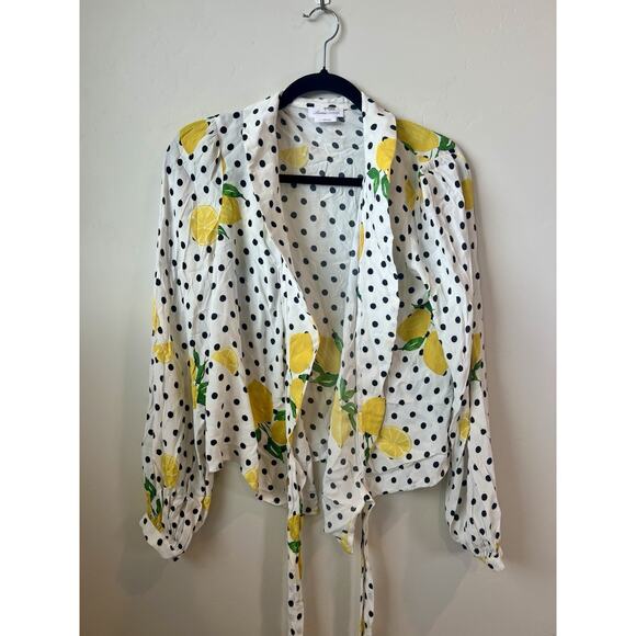 Lovers + Friends Mikayla Lemon Polka Dot Balloon Sleeve Wrap Blouse SZ S - Picture 5 of 11